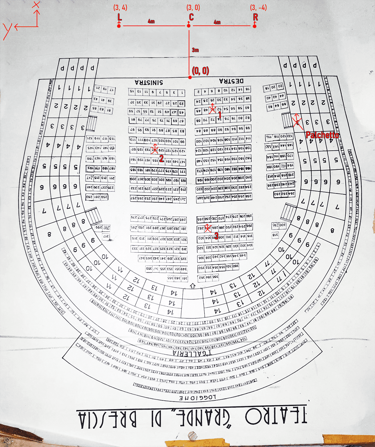 A map of Brescia's Teatro Grande showing both source and receiver positions