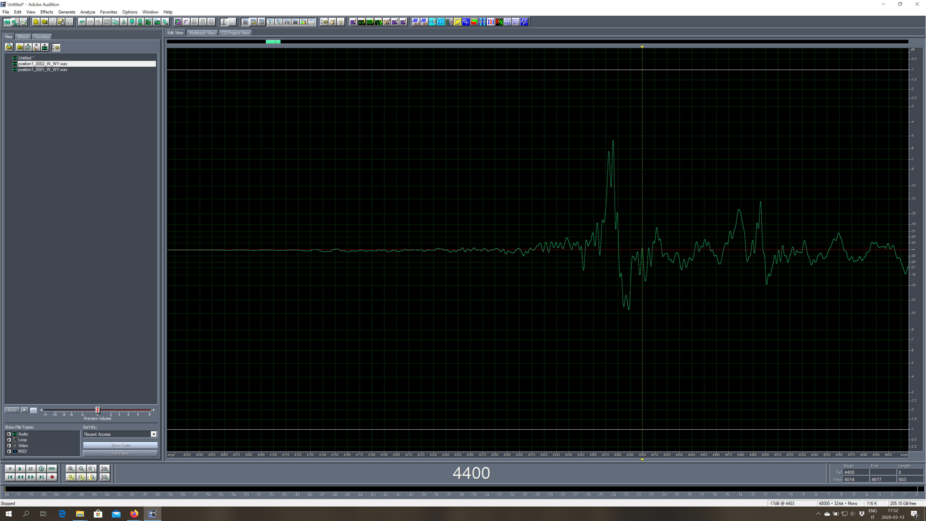 A zoomed-in impulse response, showing the zero-crossing between the direct sound and the first reflection